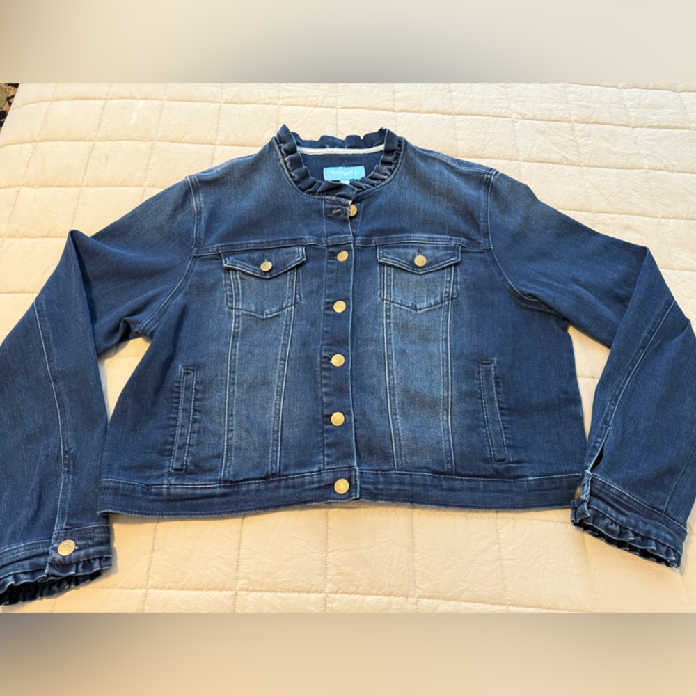 Draper James XXL Plus Denim Jean Jacket Stretch with Ruffled Detail Trim